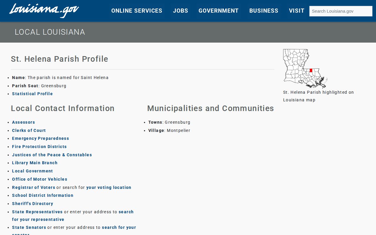 Official Louisiana St. Helena Parish profile identifying Montpelier for arrest record routing